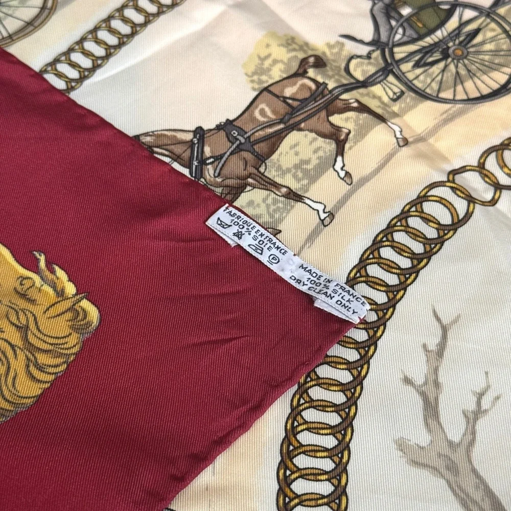 Vintage Hermes La Promenade‎ De Longchamps Silk Scarf Burgundy Philippe Ledoux